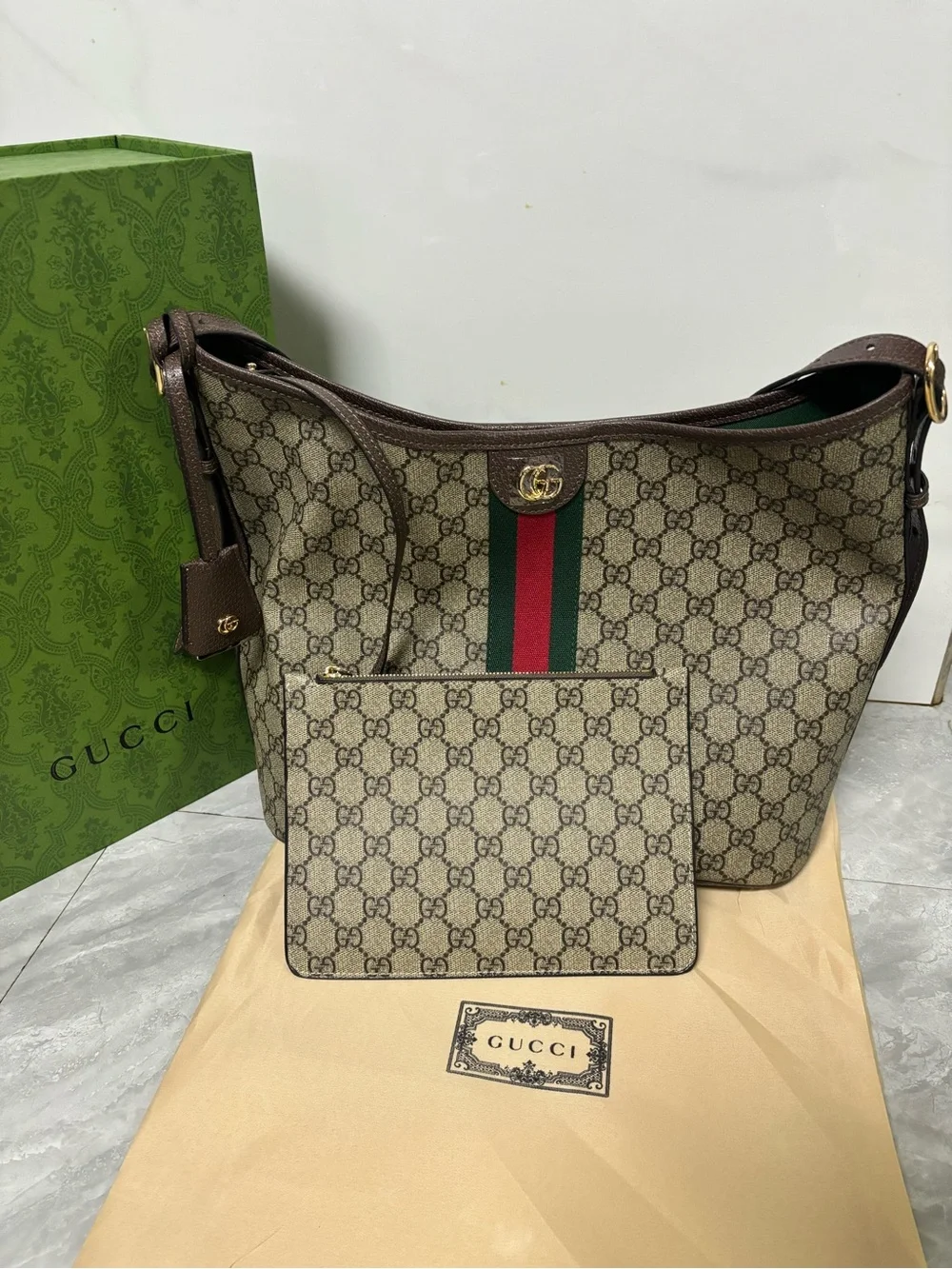 Brown Gucci GG Canvas Shoulder Bag with Green and Red Web